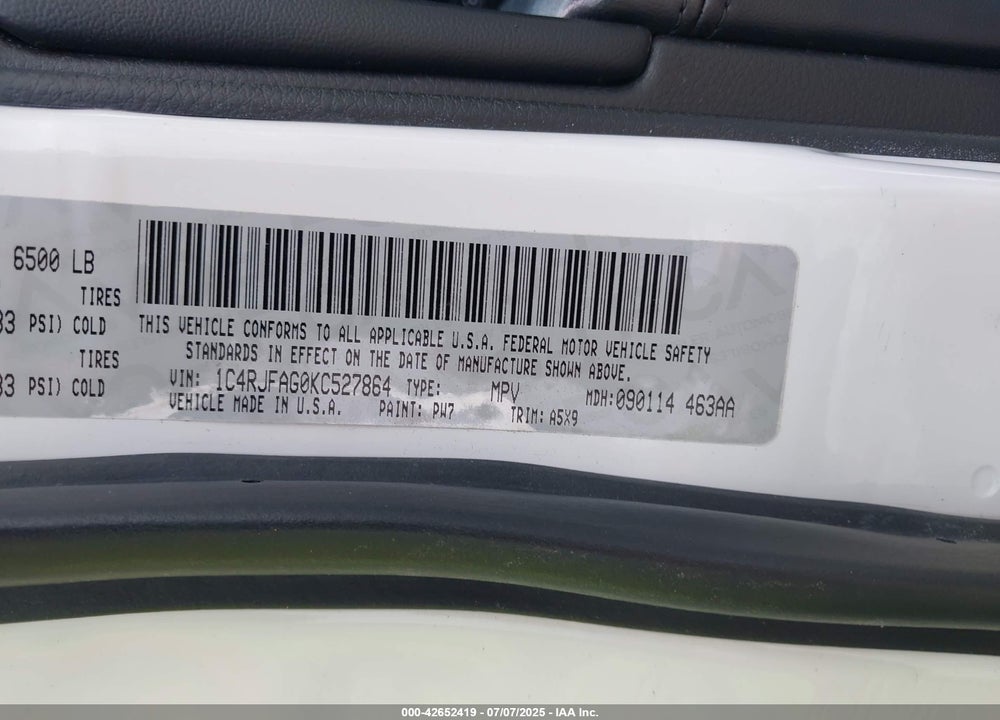 2019 JEEP GRAND CHEROKEE VIN: 1C4RJFAG0KC527864