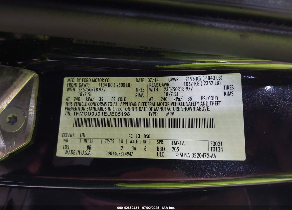 2014 FORD ESCAPE VIN: 1FMCU9J91EUE05198
