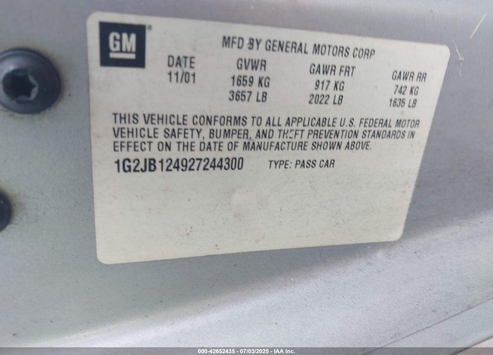 2002 PONTIAC SUNFIRE VIN: 1G2JB124927244300