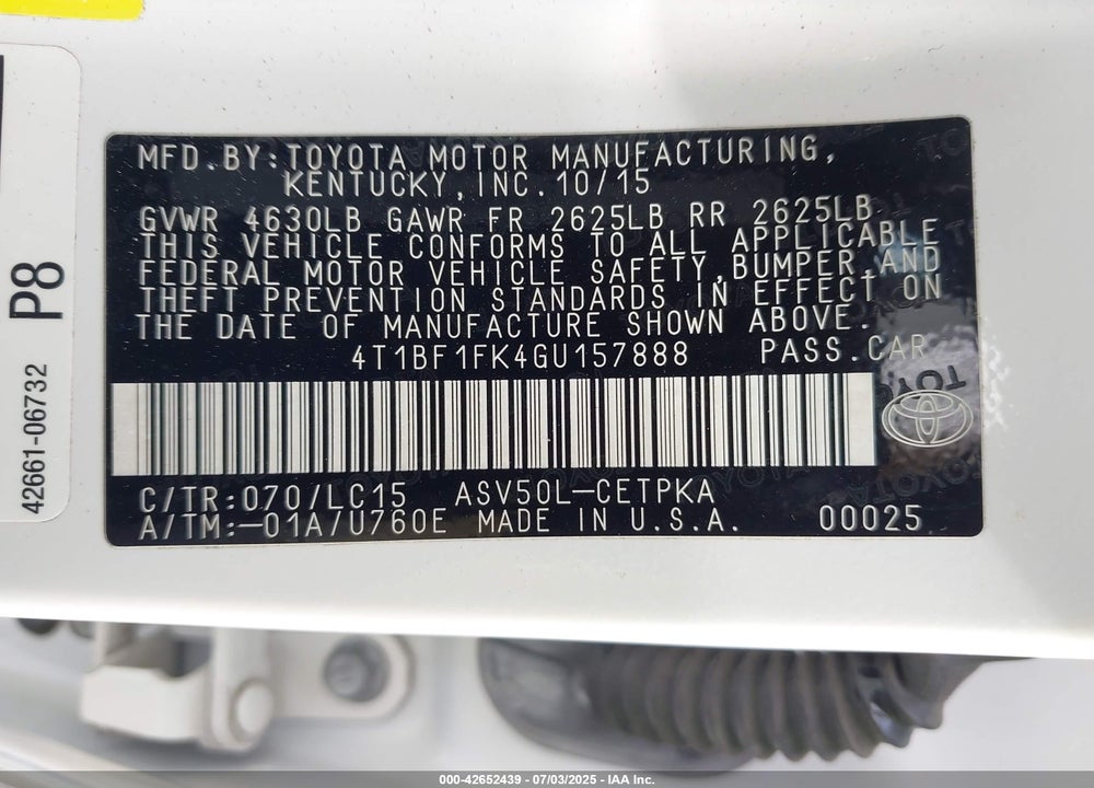 2016 TOYOTA CAMRY VIN: 4T1BF1FK4GU157888