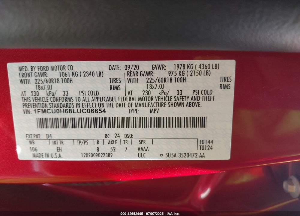 2020 FORD ESCAPE VIN: 1FMCU0H68LUC06654
