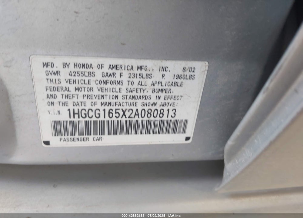 2002 HONDA ACCORD 3.0 EX VIN: 1HGCG165X2A080813