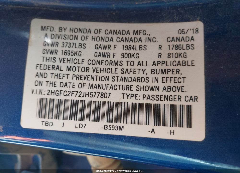 2018 HONDA CIVIC VIN: 2HGFC2F72JH577807