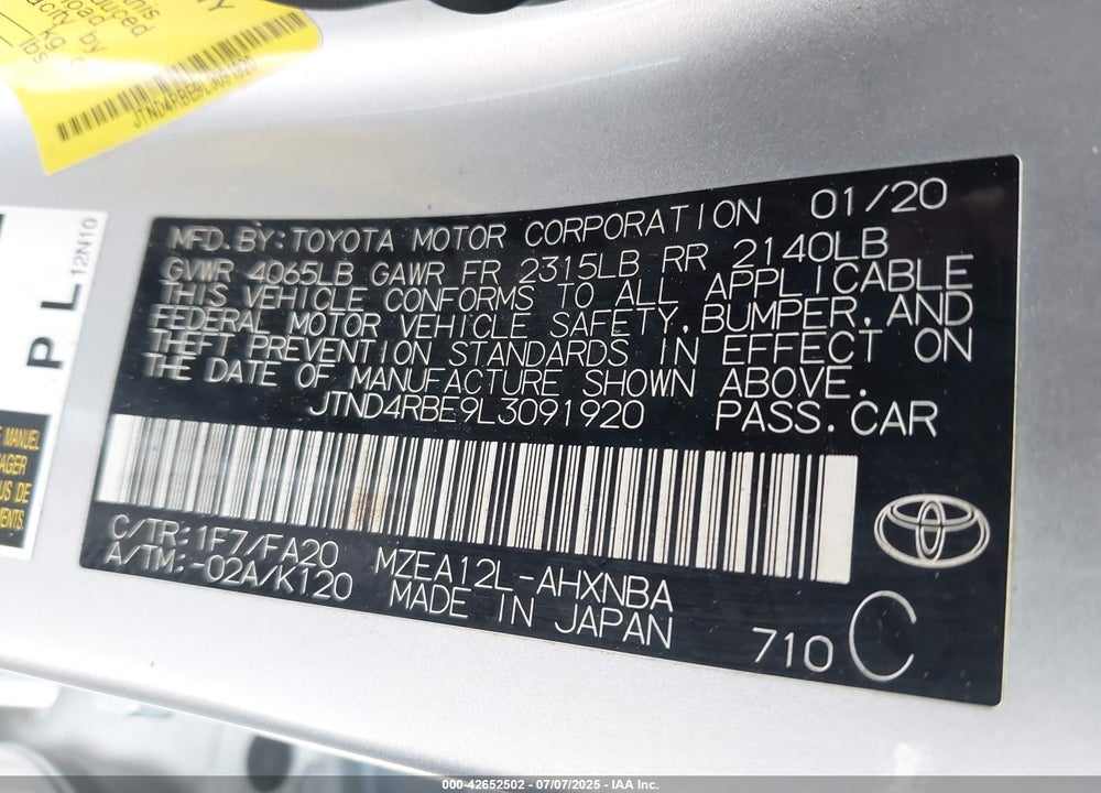 2020 TOYOTA COROLLA SE VIN: JTND4RBE9L3091920