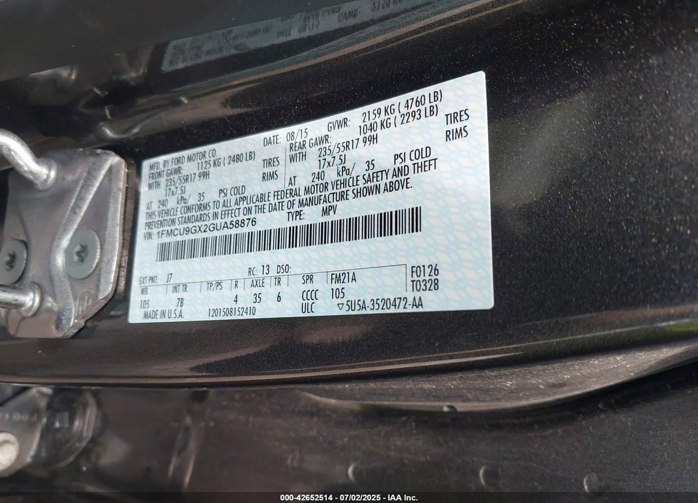 2016 FORD ESCAPE VIN: 1FMCU9GX2GUA58876