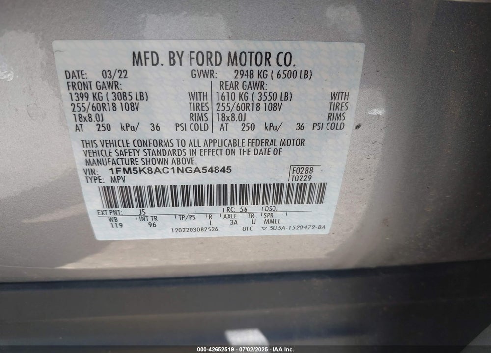 2022 FORD POLICE INTERCEPTOR SEDAN VIN: 1FM5K8AC1NGA54845