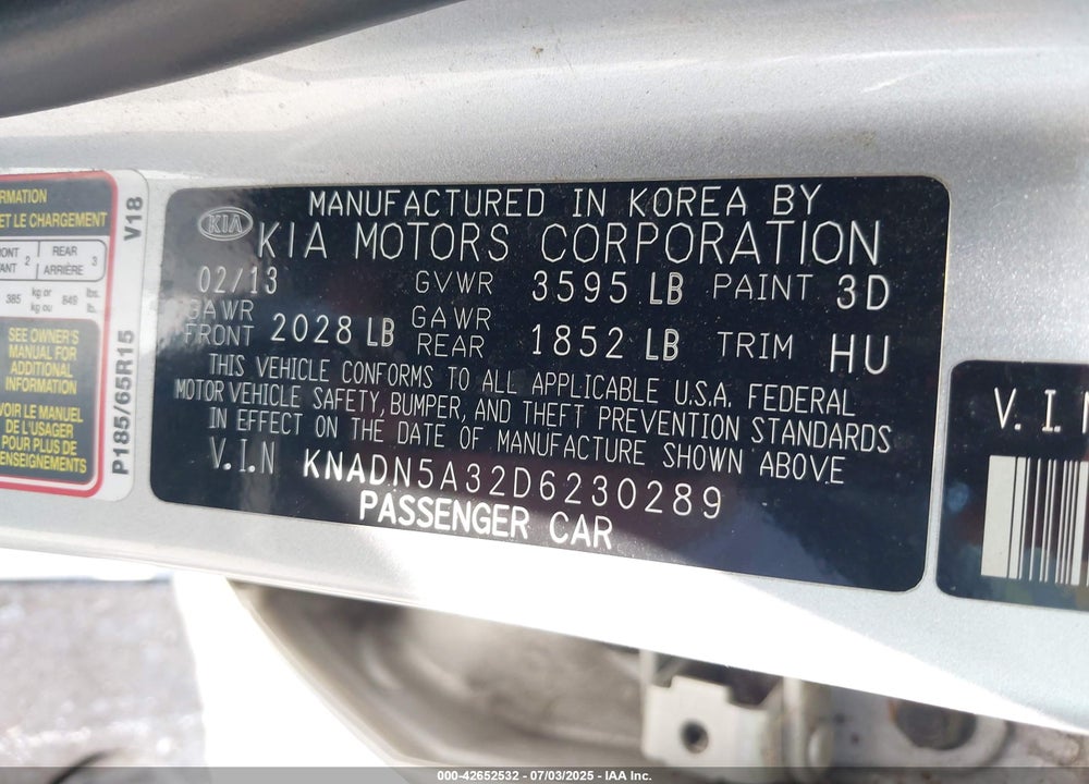 2013 KIA RIO VIN: KNADN5A32D6230289