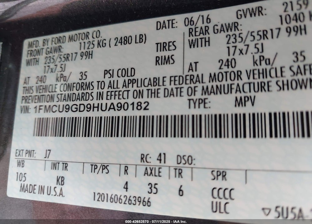 2017 FORD ESCAPE VIN: 1FMCU9GD9HUA90182