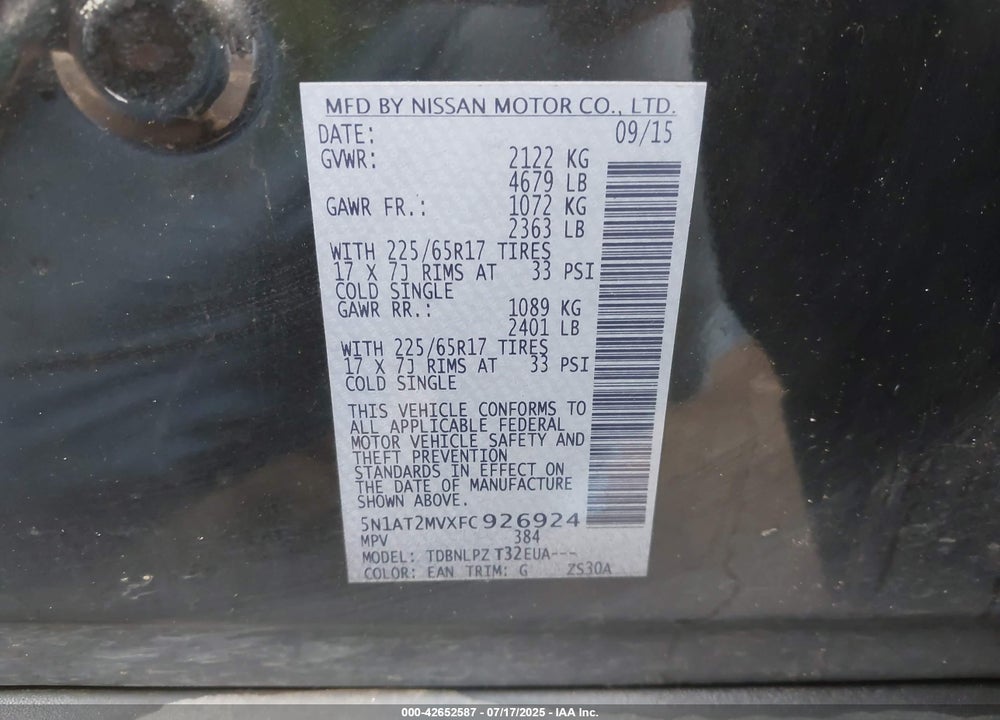 2015 NISSAN ROGUE VIN: 5N1AT2MVXFC926924