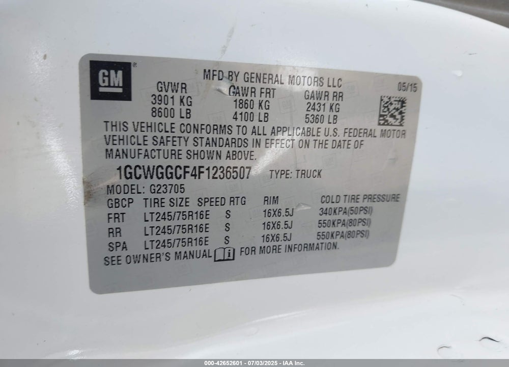 2015 CHEVROLET EXPRESS 2500 WORK VAN VIN: 1GCWGGCF4F1236507