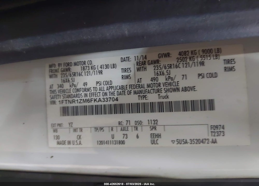 2015 FORD TRANSIT-250 VIN: 1FTNR1ZM6FKA33704