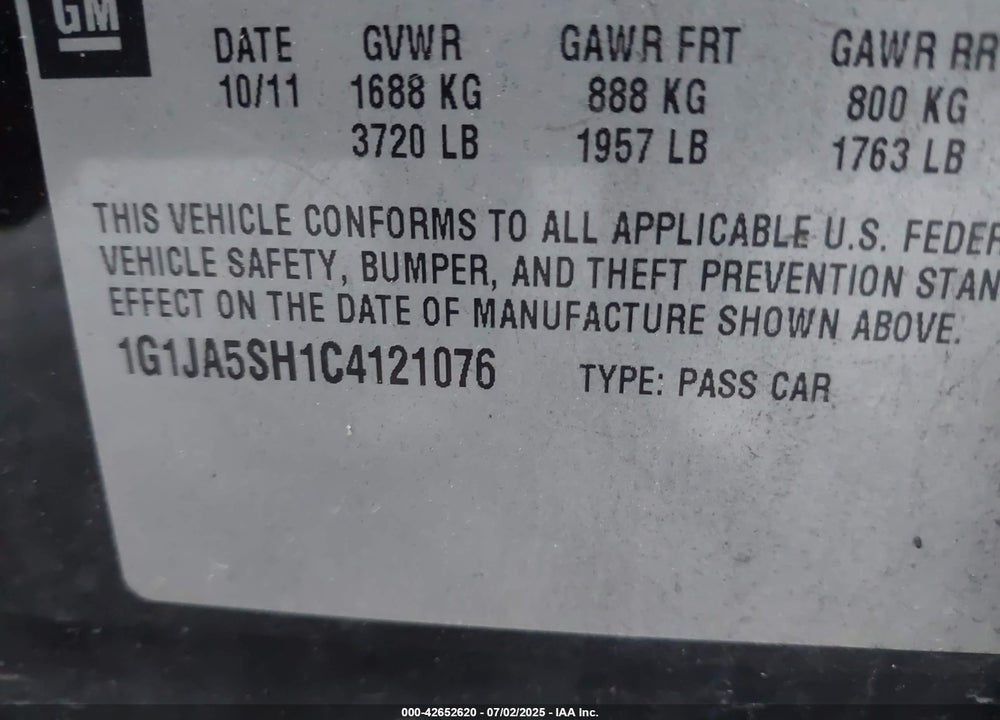 2012 CHEVROLET SONIC VIN: 1G1JA5SH1C4121076