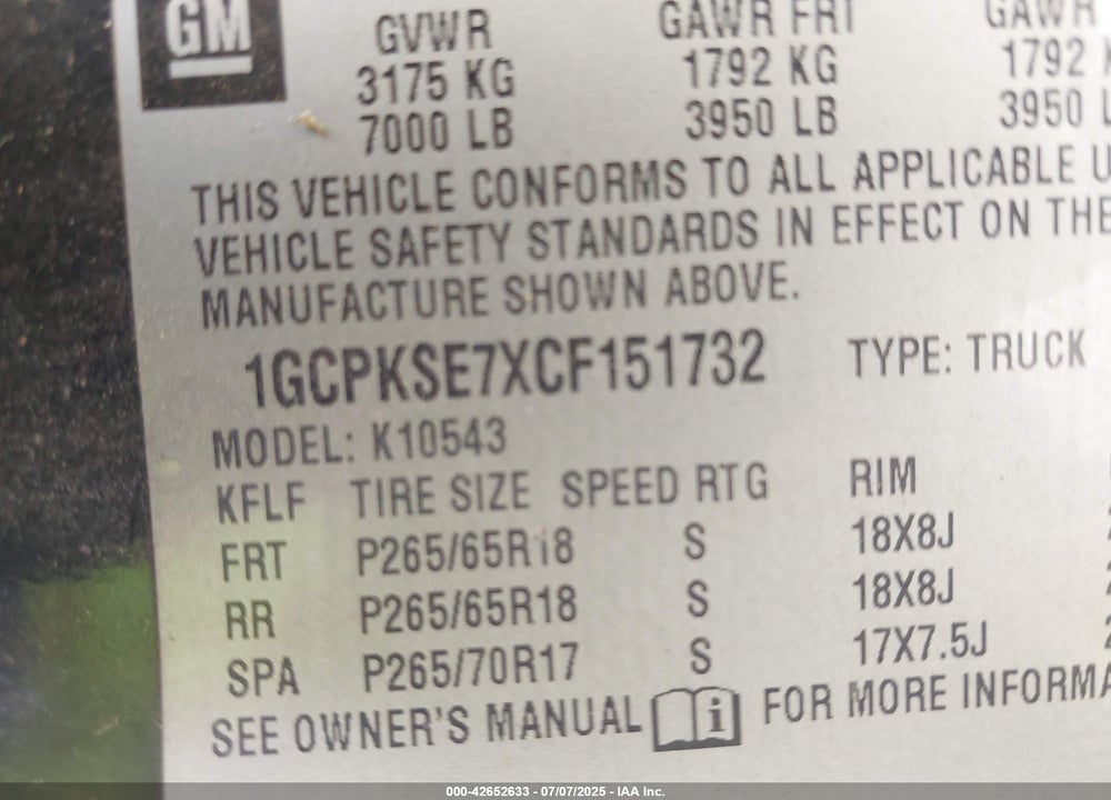 2012 CHEVROLET SILVERADO 1500 VIN: 1GCPKSE7XCF151732