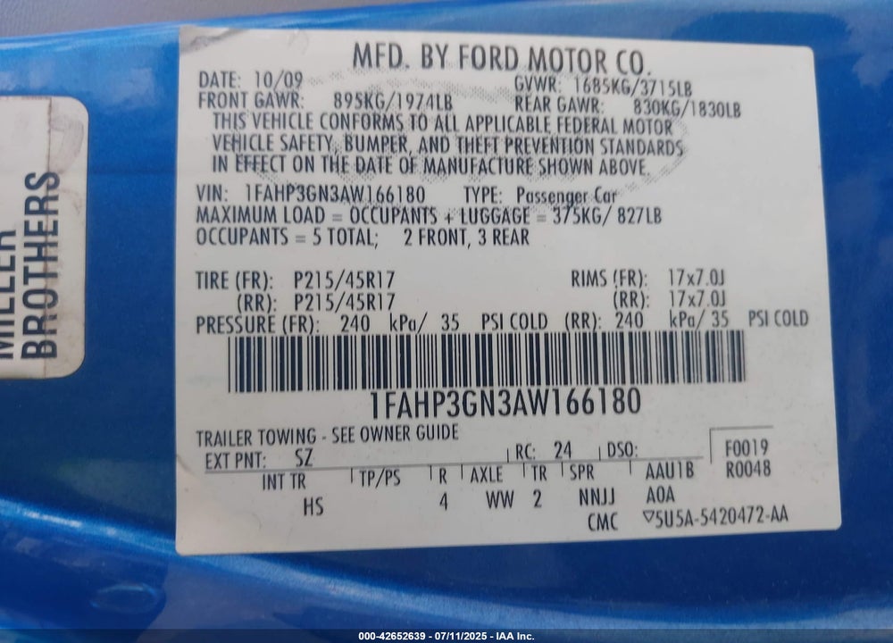2010 FORD FOCUS VIN: 1FAHP3GN3AW166180