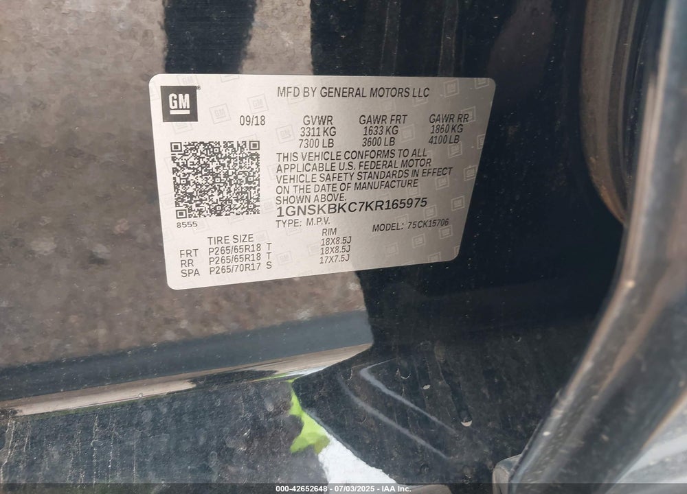 2019 CHEVROLET TAHOE VIN: 1GNSKBKC7KR165975