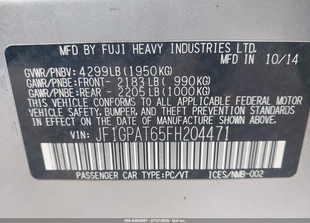 2015 SUBARU IMPREZA VIN: JF1GPAT65FH204471