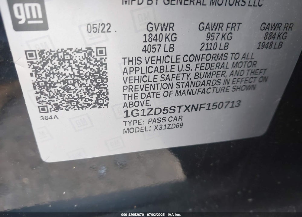 2022 CHEVROLET MALIBU VIN: 1G1ZD5STXNF150713