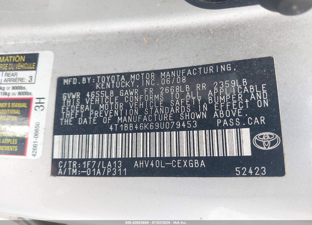 2009 TOYOTA CAMRY HYBRID VIN: 4T1BB46K69U079453