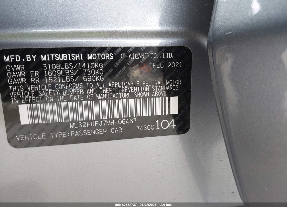 2021 MITSUBISHI MIRAGE G4 VIN: ML32FUFJ7MHF06467