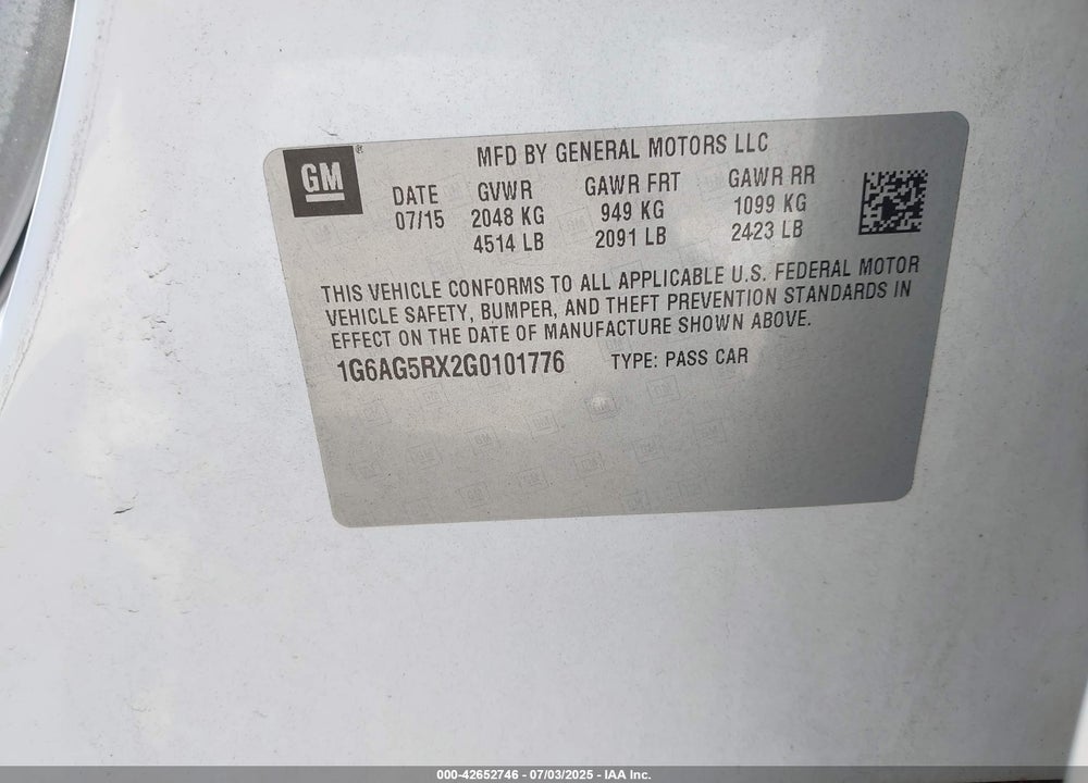 2016 CADILLAC ATS VIN: 1G6AG5RX2G0101776