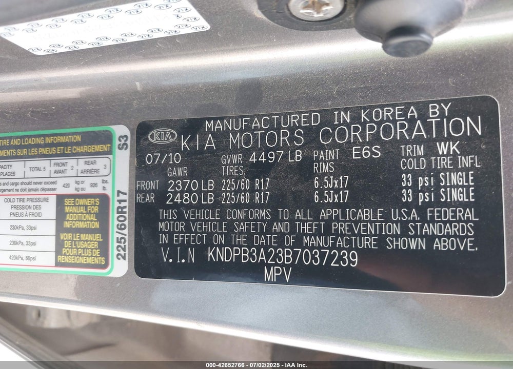 2011 KIA SPORTAGE VIN: KNDPB3A23B7037239