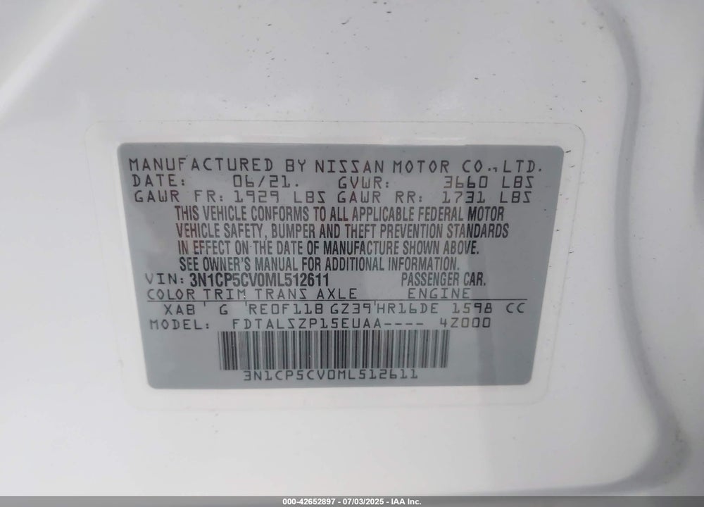 2021 NISSAN KICKS VIN: 3N1CP5CV0ML512611