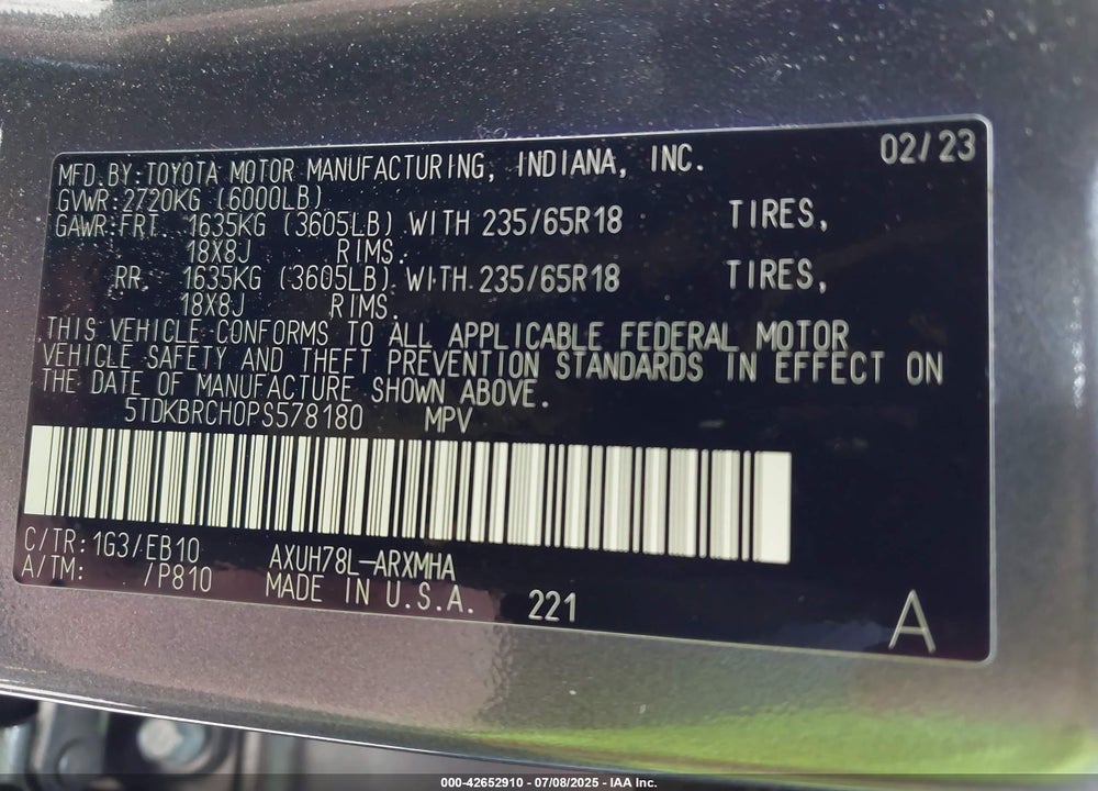 2023 TOYOTA HIGHLANDER VIN: 5TDKBRCH0PS578180