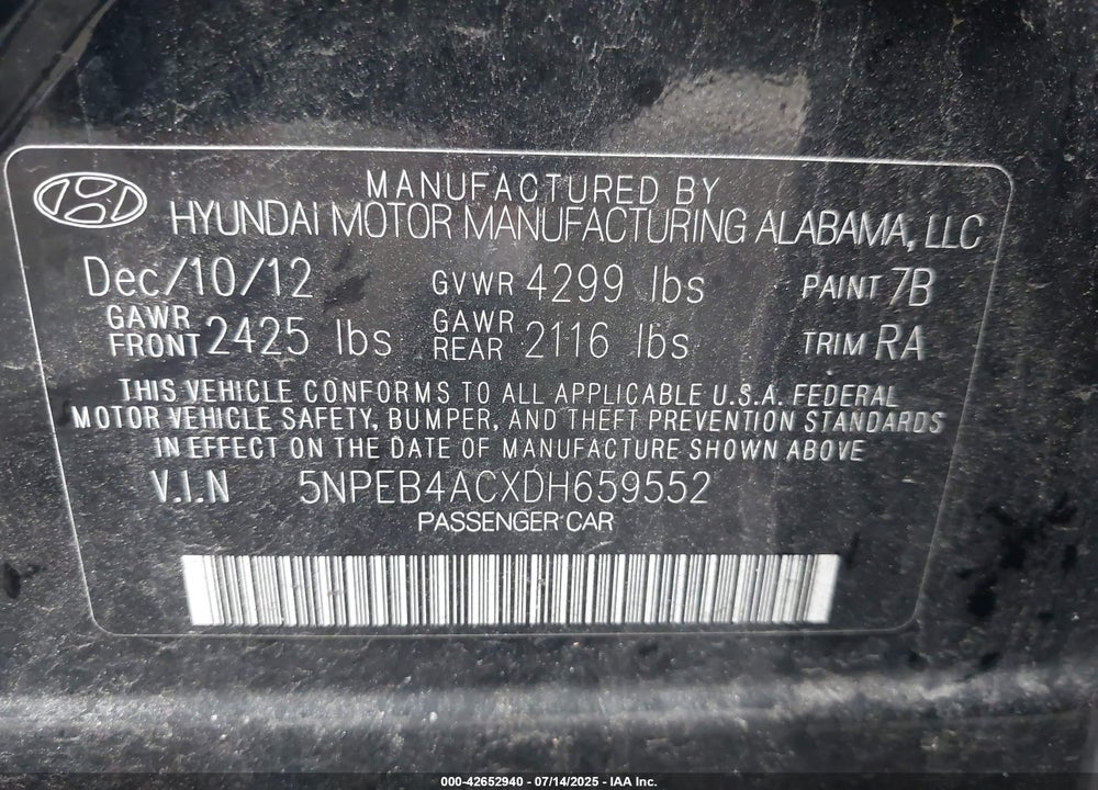 2013 HYUNDAI SONATA VIN: 5NPEB4ACXDH659552