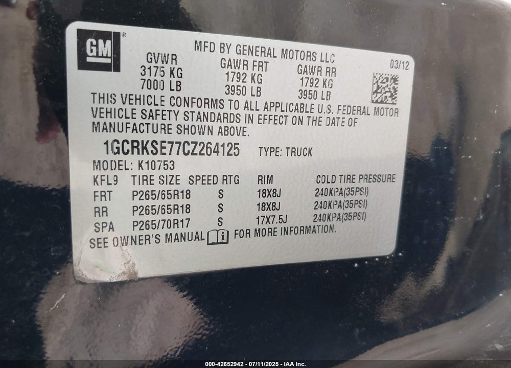 2012 CHEVROLET SILVERADO 1500 VIN: 1GCRKSE77CZ264125