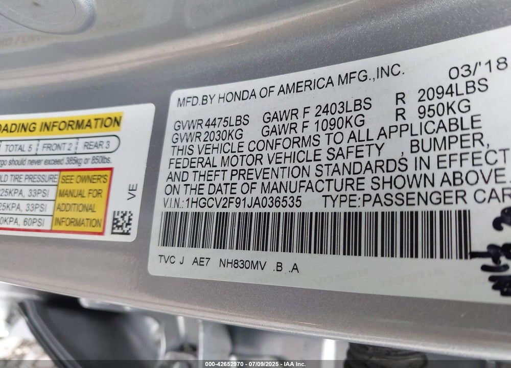 2018 HONDA ACCORD TOURING 2.0T VIN: 1HGCV2F91JA036535