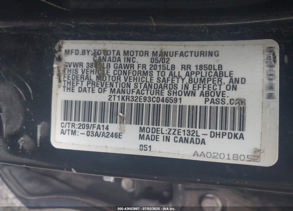 2003 TOYOTA MATRIX VIN: 2T1KR32E93C046591