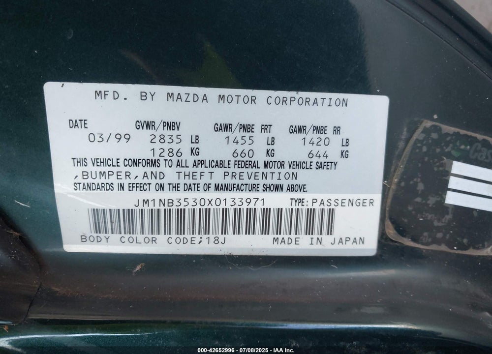 1999 MAZDA MX-5 MIATA LEATHER PKG/POPULAR EQUIPMENT PKG/SPORTS PKG/TOURING PKG VIN: JM1NB3530X0133971