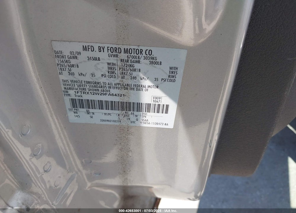 2009 FORD F-150 VIN: 1FTRX12W29FA64321