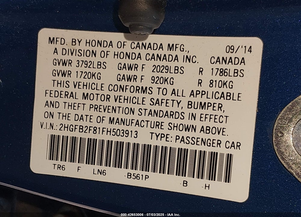 2015 HONDA CIVIC EX VIN: 2HGFB2F81FH503913