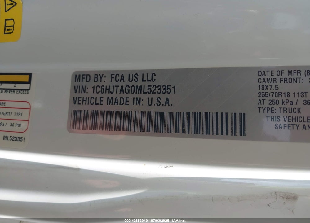 2021 JEEP GLADIATOR VIN: 1C6HJTAG0ML523351