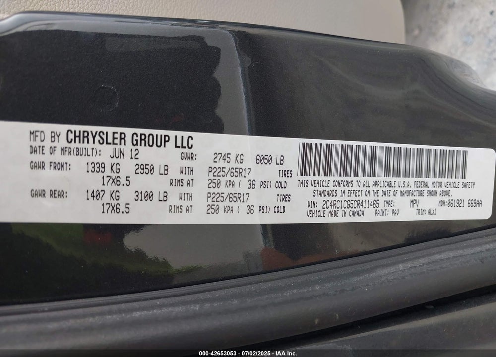 2012 CHRYSLER TOWN & COUNTRY TOURING-L VIN: 2C4RC1CG5CR411465