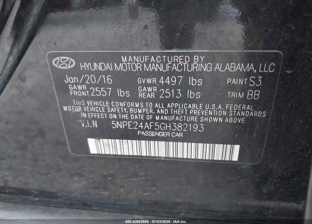 2016 HYUNDAI SONATA VIN: 5NPE24AF5GH382193