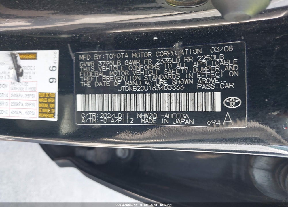 2008 TOYOTA PRIUS TOURING VIN: JTDKB20U183403366