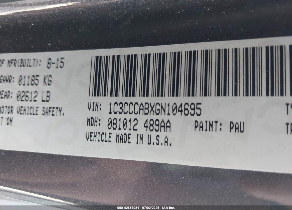 2016 CHRYSLER 200 VIN: 1C3CCCABXGN104695