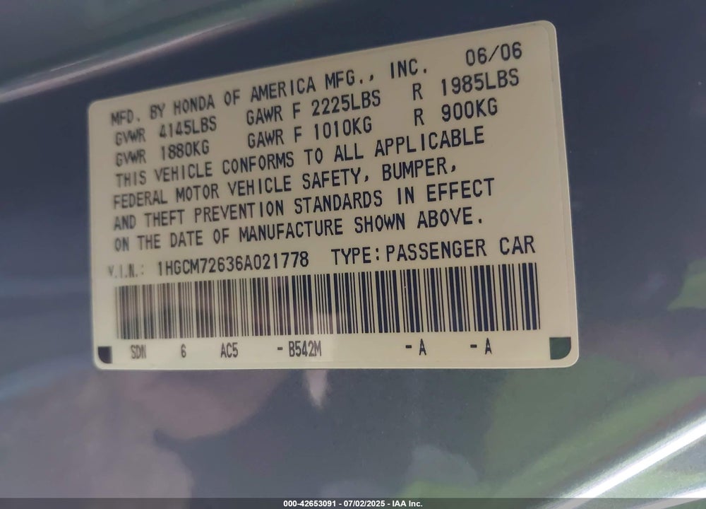 2006 HONDA ACCORD 2.4 EX VIN: 1HGCM72636A021778