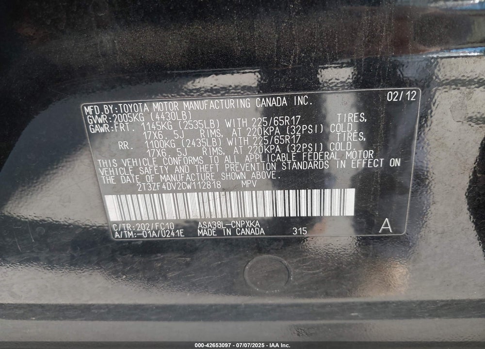 2012 TOYOTA RAV4 VIN: 2T3ZF4DV2CW112818