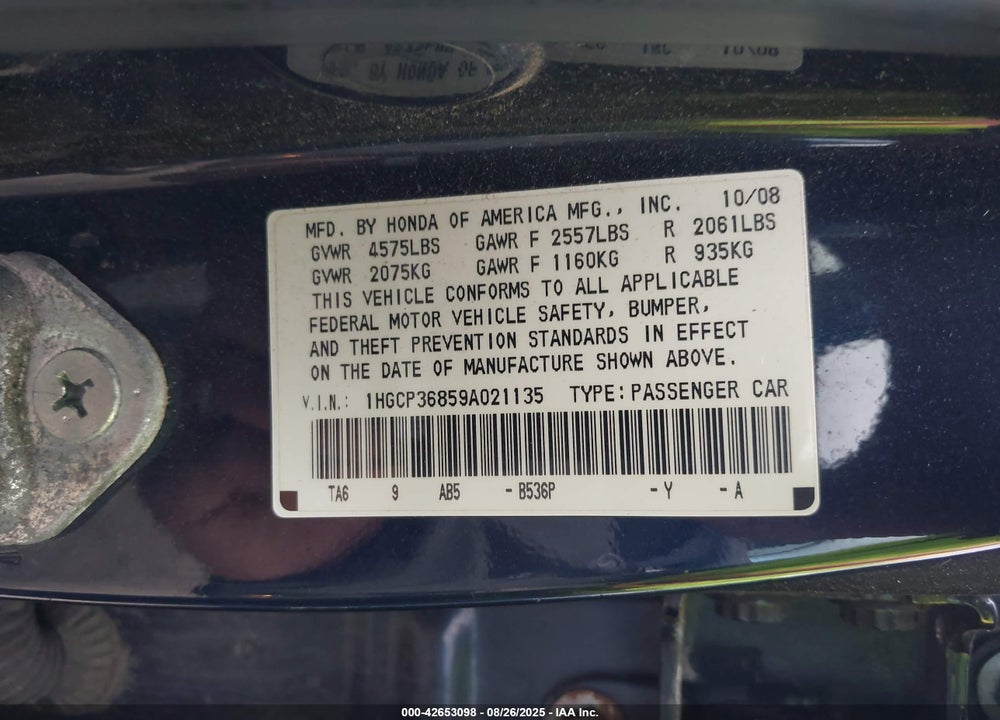 2009 HONDA ACCORD VIN: 1HGCP36859A021135