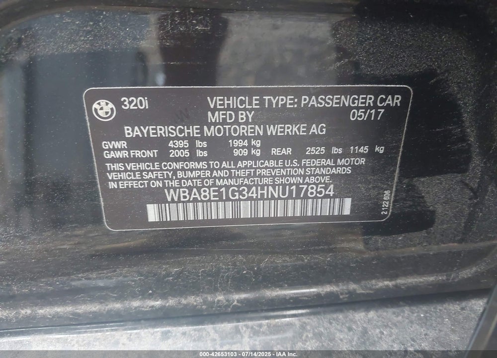 2017 BMW 320I VIN: WBA8E1G34HNU17854