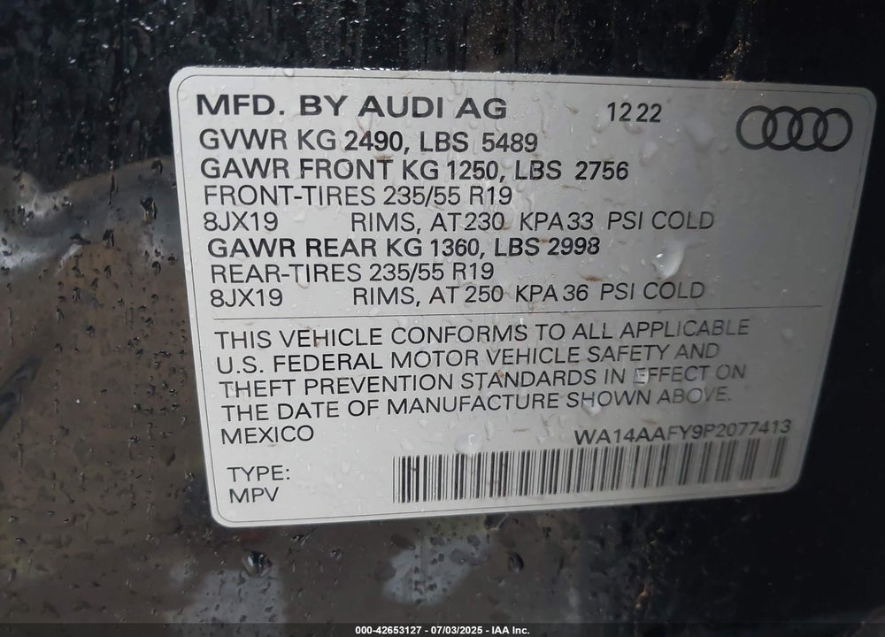 2023 AUDI Q5 SPORTBACK VIN: WA14AAFY9P2077413