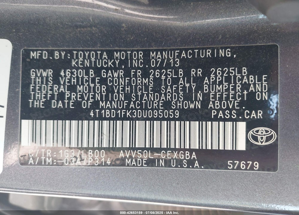 2013 TOYOTA CAMRY HYBRID VIN: 4T1BD1FK3DU095059