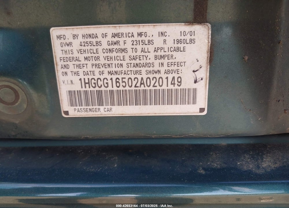 2002 HONDA ACCORD VIN: 1HGCG16502A020149