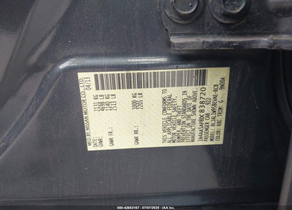 2013 NISSAN MAXIMA VIN: 1N4AA5AP8DC838720