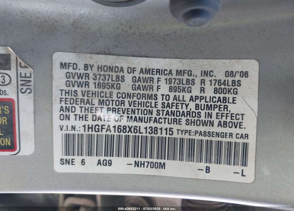 2006 HONDA CIVIC VIN: 1HGFA168X6L138115