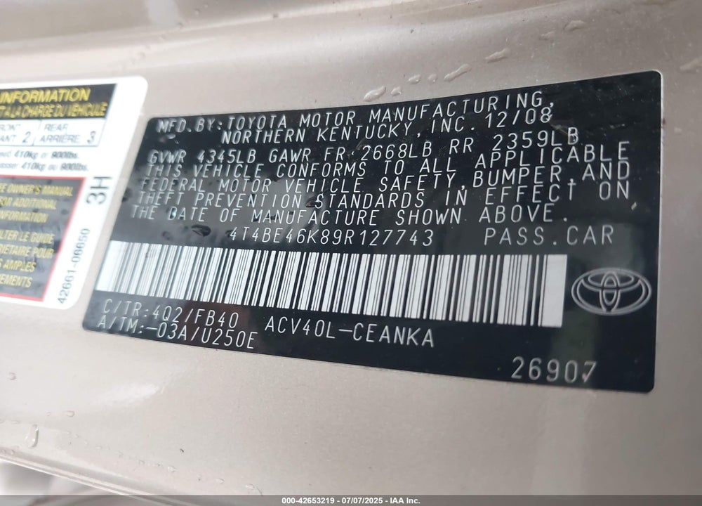 2009 TOYOTA CAMRY VIN: 4T4BE46K89R127743