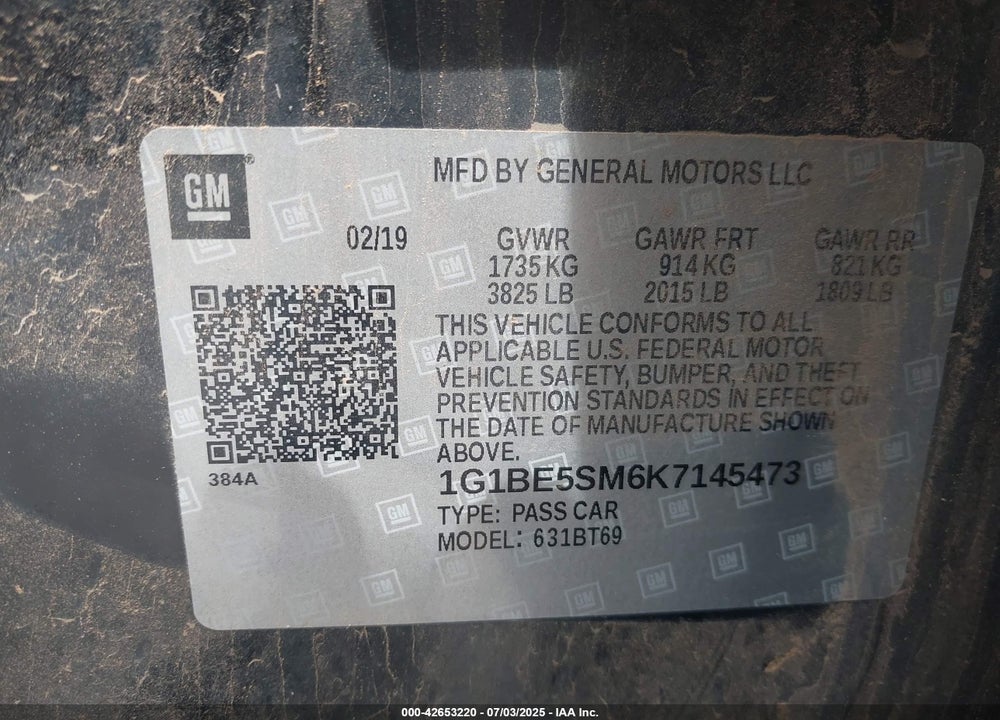 2019 CHEVROLET CRUZE VIN: 1G1BE5SM6K7145473